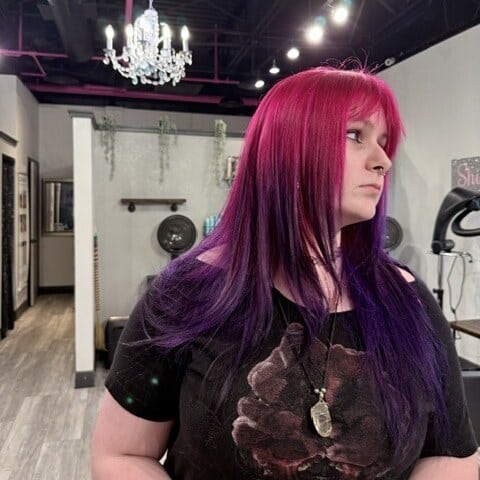 Hair Color - magenta to purple melt, Salon 131 Seminole Hair color at Salon 131 Seminole: magenta to violet color melt under the salon chandelier