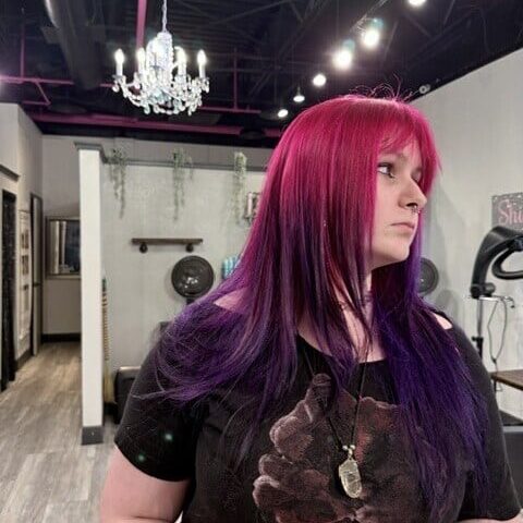 Magenta to purple color melt - Salon 131 Seminole Vivid magenta to violet color melt on long layered hair, done at Salon 131 & Facial Spa in Seminole FL